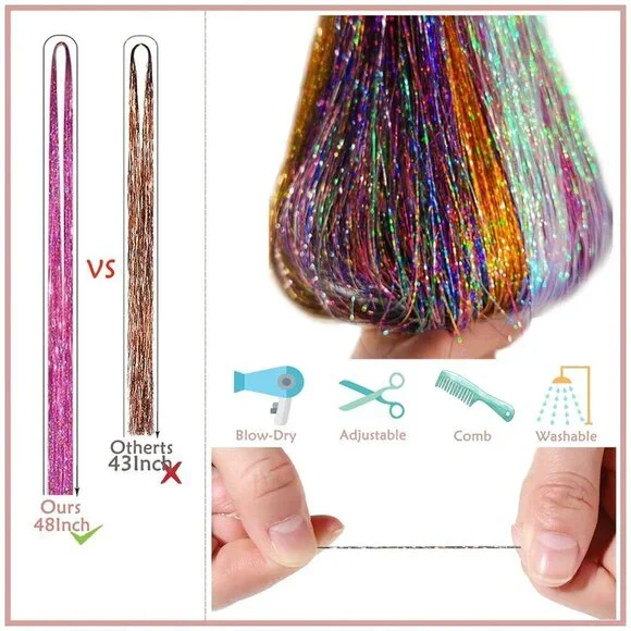 48 Inch Glitter Hair Tinsel Extensions Kit 16 Colors, 4800 Strands With Tools - - Picture 4 of 7